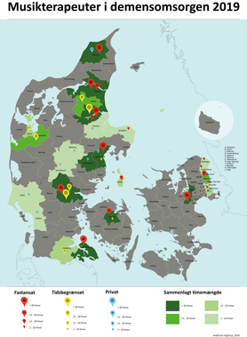 Kort over musikterapeuter i demensomsorgen i Danmark